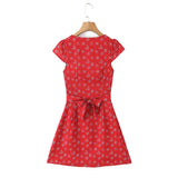 Bonnyshow  Sexy Red Floral Print Ruched Chest Deep V neck Short Sleeve Mini Dress Woman Tie Bow Sashes A-lined Dresses Femme Vestidos