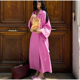 Bonnyshow  Casual Solid Women Long Dresses Chic Lace Up Turn-down Collar Split Full Sleeve Female Dress 2025 Summer Elegant Lady Vestidos