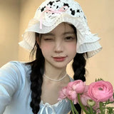 Bonnyshow Hollow Bow Knot Bucket Hat Korean Hole Lace Knit Spring and Summer Travel Beach Sun Protection Fisherman Hat Japanese Kawaii Cap