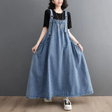 Bonnyshow  Spring Summer Women Denim Suspender Long Skirt Loose Casual Punk Vintage Style Cargo Female Popular Large Swing Dress Z691