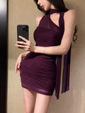 Bonnyshow  Hot Diamond Purple Mesh Strap Dress Women Summer New Slanted Shoulder Wrapped Hip Skirt Exquisite Halter Splicing Dress