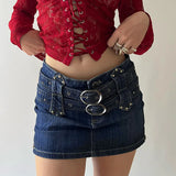 Bonnyshow  High Waisted Zipper Slim Fit Bag Buttocks Splicing Japanese Button Waistband With Heavy Industry Characteristics Trend Dark Blue