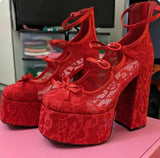 Bonnyshow  Red light Blue Floral Lace Small Bowtie Three Buckle Strap Lolita Pumps Super Platform Chunky High Heels Women Wedding shoes
