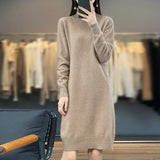 Bonnyshow Female New  Autumn And Winter Mink Cashmere Sweater Woman High Turn-Down Collar Long Dress Pullover Knitted Bottoming Skirt