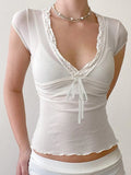 Bonnyshow  V-neck Lace Patchwork Transparent Tees White Summer Mesh Sexy Bandage Chic T-shirt Hottie Slim Solid Retro Tops