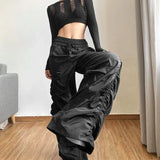 Bonnyshow Vintage High Waist Drawstring Black Casual Pants Women 2025 Spring New Streetwear Pleated Loose All Match Wide Leg Pants