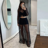Bonnyshow  See Through Women's Pant Suit Two Piece Set Sexy Tassel  Patchwork Full Sleeve Tank Top Wide Leg Pants Female Sets Beach Outfit
