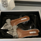 Bonnyshow  Butterfly-Knot CRYSTAL Transparent Women Pumps Elegant Pointed Toe Slingbacks Sandals Clear Low Heels Shoes