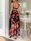 Bonnyshow  Summer Casual Vacation Style Suspender Dress Bohemian Print Cake Dresses Sleeveless Beach Long Dress Women's Vestidos