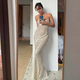 Bonnyshow Sexy Spaghetti Strap Sequin Maxi Dress Shiny Glitter See Through Backless Tight Fitting Party Club Evening Long Dresses