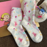 Bonnyshow Rainbow Striped Socks Women Korean Y2K Girls Pink Rabbit Print Sock Autumn Winter Warm Mink Plush Female Floor Socks