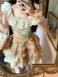 Bonnyshow Lolita Kawaii Lace Print Dress Women Casual Sweet Y2k Mini Dress Even Party Beach Style Korean Fashion Dress 2000s Aesthetics