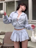 Bonnyshow  Loose Casual Blouse Stripe Shirts Mini Skirt 2 Pieces Sets Women Suit Spring Summer High Waist Short Skirt Set