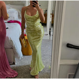 Bonnyshow Sexy Glitter Sequin Backless Maxi Dress Shiny Green Spaghetti Strap Evening Party Wedding Guest Sleeveless Banquet Long Gowns