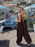 Bonnyshow  Casual Solid Slip Jumpsuit Women Vintage Brown Pleated Loose Wide Leg Jumpsuits Female 2025 Fashion Summer Street Lady Pants