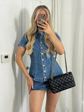 Bonnyshow  Slim Denim Shirt Top Wrap Hip Skirt Set Women Lapel Short Sleeved Fit Commuter Cowboy Short Jacket Coat Cardigan Short Skirts