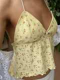 Bonnyshow  Y2K Backless Strappy Tie-up Halter Camis Floral V Neck Bustier Crop Tops Fairy Coquette Ruffle Trim Sleeveless Vest