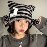 Bonnyshow Y2K Cute Star Devil Knitted Beanies for Women Korean Ins Striped Knitted Skullies Hat Autumn Winter Warm Wool Pullover Cap