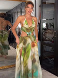 Bonnyshow  Printed Hollow Women's Long Dress Sexy Halter Lace Up Sleevesles Backless Bodycon Dressess Female 2025 Summer Lady Beach Robes