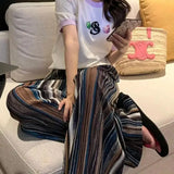 Bonnyshow  New French Retro Contrast Striped Pleated Wide-Leg Pants Loose Stripe Straight Tube Floor Sweeping Women'S Wide Leg Pants