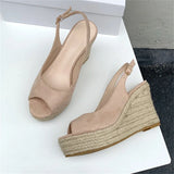 Bonnyshow  Summer Peep Toe Buckle Strap Women Slippers Fashion Solid Platform Wedges Heels Rattan Weave Sandals Shoes