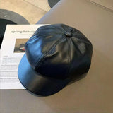 Bonnyshow Vintage PU Leather Beret Hat Women Autumn Winter Warm Octagonal Cap Elegant Solid Color Female Lady Painters Caps