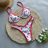 Bonnyshow New Low Waist Sexy Women Swimsuits Female Swimwear Bikini Set Print Strappy Brazilian Thong Beachwear Bathing Suits Biquini