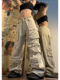 Bonnyshow K Pop Multi-pocket Wide Leg Loose Street Casual Cargo Pants Trend Streetwear Women Y2k Baggy Pants Vintage Sweatpants