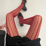 Bonnyshow Hollowed Out Lace Tights Geometric Striped Patterned Fishnet Pantyhose for Women