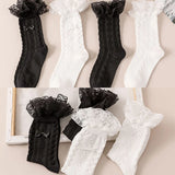Bonnyshow Lolita Ruffle Socks for Women Japanese Sweet Bow Girls Princess Sock Cute Summer Black White Harajuku Socks