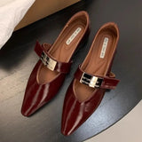 Bonnyshow  Women's Retro Pointed Toe Low-Heeled Casual Shoes 2025 Luxury Fashion Buckle Design Fine Plaid Leather Single Shoes