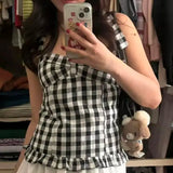 Bonnyshow  Polka Dot/Plaid Pattern Halter Crop Tops Summer Holiday Slim Fit Camis Tops Y2k Fairycore Ruffles Hem Backless Vest