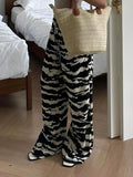 Bonnyshow Zebra Stripe Knitted Straight Pants Women Drawstring Elastic Waist Casual Loose Baggy Trousers Boho Vacation Outfits