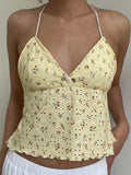 Bonnyshow  Y2K Backless Strappy Tie-up Halter Camis Floral V Neck Bustier Crop Tops Fairy Coquette Ruffle Trim Sleeveless Vest