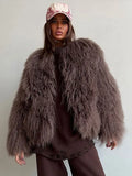 Bonnyshow Luxury Retro Faux Fur Women's Coat Winter Warm Thick Windproof Coats Fashion Plush Solid Color Round Neck Women Outerwears