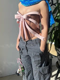 Bonnyshow Women's Brown Bow Crop Top Vintage Y2k Camisole Off Shoulder Corset Top Sleeveless Vest Aesthetic Tank Top 2000s Clothes Summer
