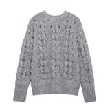 Bonnyshow New Hollow Out Braid Knitted Women's Pullover Fashion Casual Loose Solid Color Sweater Women Retro Soft Comfortable Sweaters