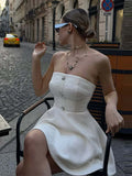 Bonnyshow  Sexy Off Shoulder Women 's Mini Dress Solid Backless Sleeveless Unique Button Dressess Lady 2025 Summer New Lady Beach Vestidos