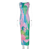 Bonnyshow Summer Colorful Print Long Dress Women Elegant Sleeveless Slim Maxi Evening Party Dresses Sexy Split Backless Beach Dress