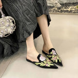 Bonnyshow  Summer New Vintage Baotou Slippers Women's Outer Wear Flat Embroidered Pointed Toe 1 Slip-on Shoes Guofeng Women's Shoes
