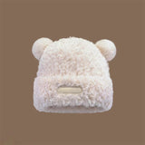 Bonnyshow Cute Bear Plush Beanie Cap Women Winter Warm Thicken Faux Fur Hat Korean Solid Color Cartoon Ears Female Skullcap Bonnet