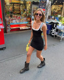 Bonnyshow  U Neck Flower Splicing Sling Mini Dress Women Black Sleeveless Backless Bodycon Dresses Summer New Lady Vocation Streetwear