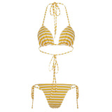 Bonnyshow  Striped Patchwork Skinny Sweet Bikinis Set Summer Fashion Beach Style Chic Women Piece 3 Set