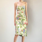 Bonnyshow  Elegant Charming Floral Print Spaghetti Strap Dress French Style Prairie Chic Ruffles Trim Knee Length Dresses Retro