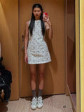 Bonnyshow  Print Sleeveless Short Dress Woman Patchwork Round Neck Solid Slim A-line Dresses Fashion Summer Vacation Beach Women's Vestidos