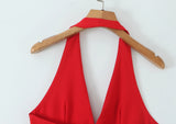 Bonnyshow  Sexy Red Halter Dress Women Slim Low Waist Spliced 3D Flower Swing A-lined Backless Short Dresses Summer Robe