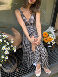 Bonnyshow  Reteo Plaid V Neck Split Sling Dress Women Elegant Splicing Pleated Sleeveless Backless Maxi Gowns Summer Vacation Street Robes
