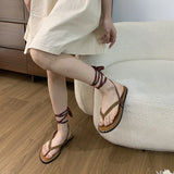 Bonnyshow  Summer Lace-Up Women Clip Toe Sandal Fashion Open Toe Narrow Band Footwear Ladies Gladiator Shoes Outdoo Flats Sandalias