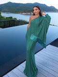 Bonnyshow  Tassel Striped Women's Long Dress Sexy Scarf Collar One Shoulder Full Sleeve Irregular Robes Summer Lady Party Evening Dresses