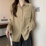 Bonnyshow  Blouses for Women Fashion Vertical Stripe Long Sleeve Shirt for Women Spring Autumn New Korean Women's Single Breasted Top